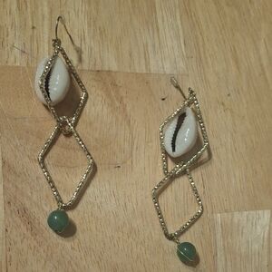 Gold-Tone Cowrie Shell & Green Bead Drop Earrings - White/Green